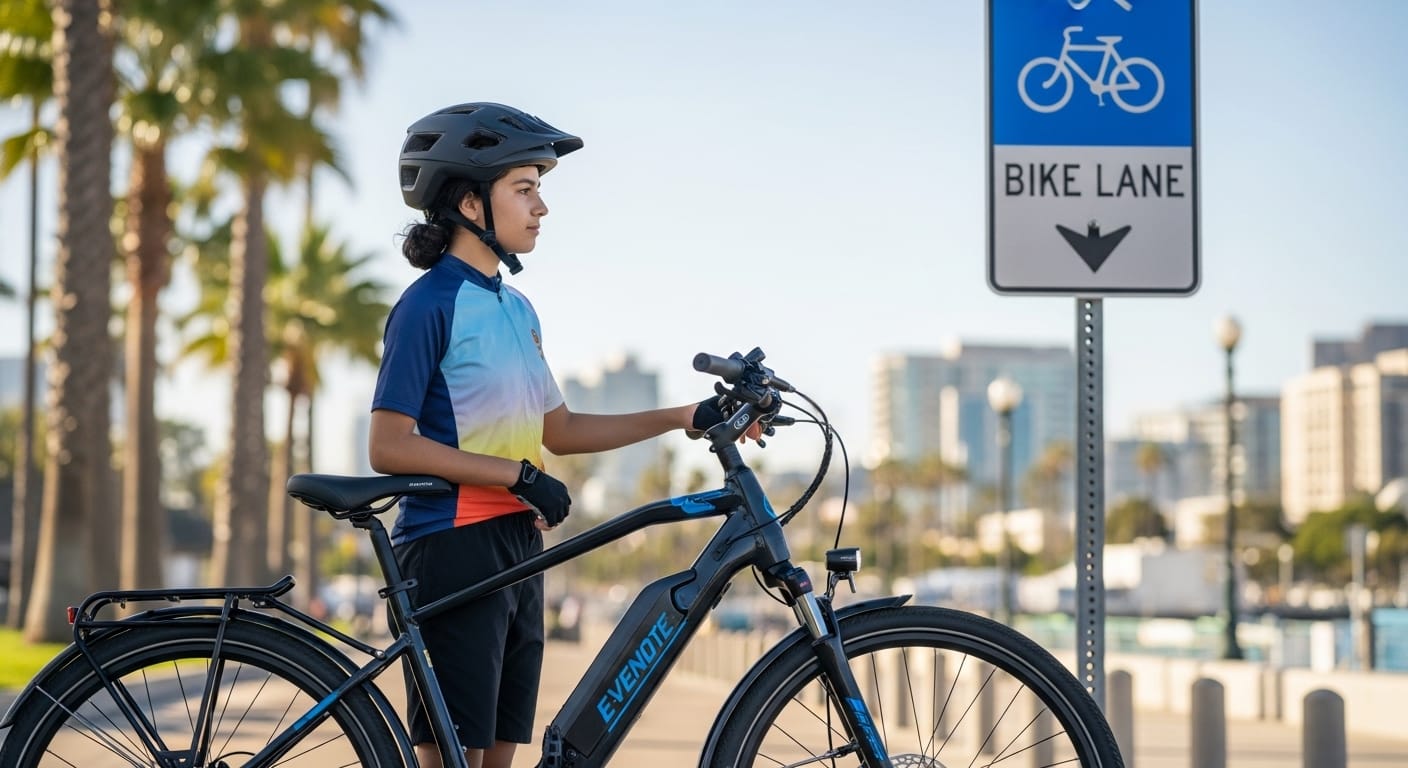 Teen rider following San Diego e-bike safety rules