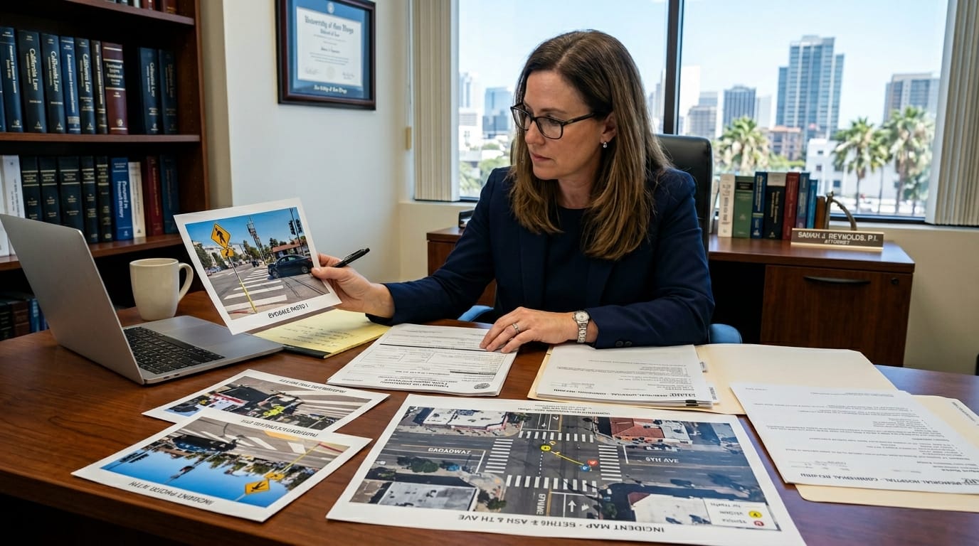 Attorney reviewing evidence for a daylighting crosswalk accident claim in San Diego