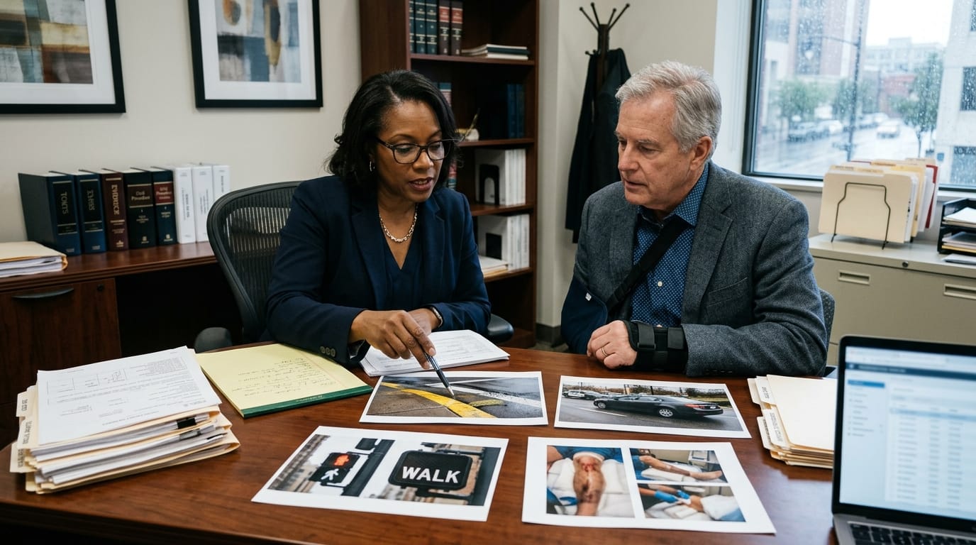 Attorney reviewing photos and records for a San Diego crosswalk injury claim