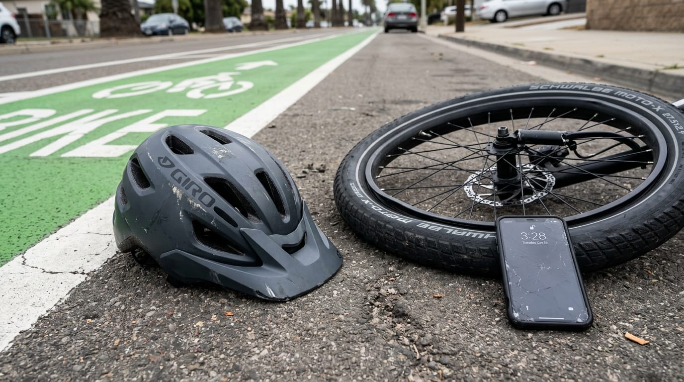 E-bike crash evidence in San Diego including helmet, wheel damage, and phone records