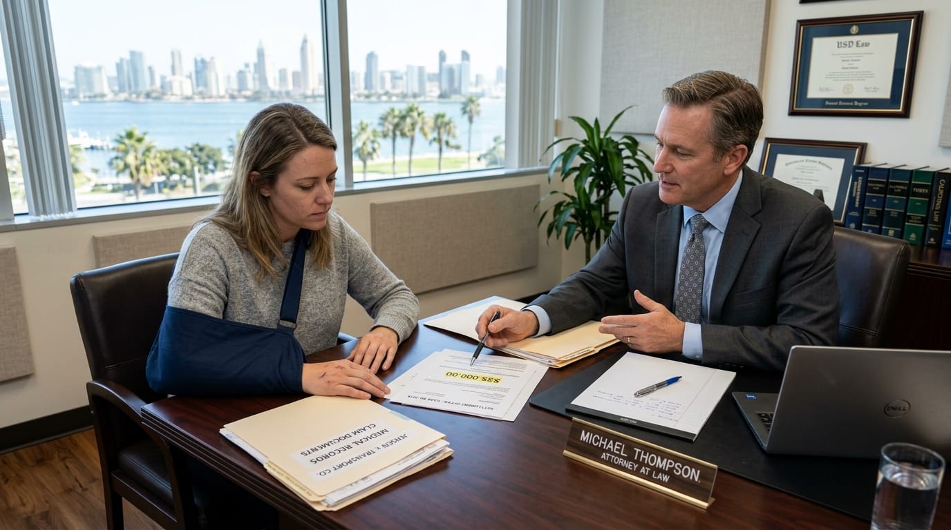 Injury victim reviewing an insurance settlement offer with a lawyer