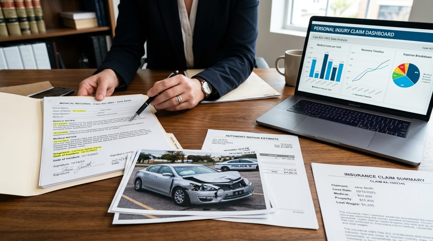 Medical records and accident evidence used in AI insurance claim reviews