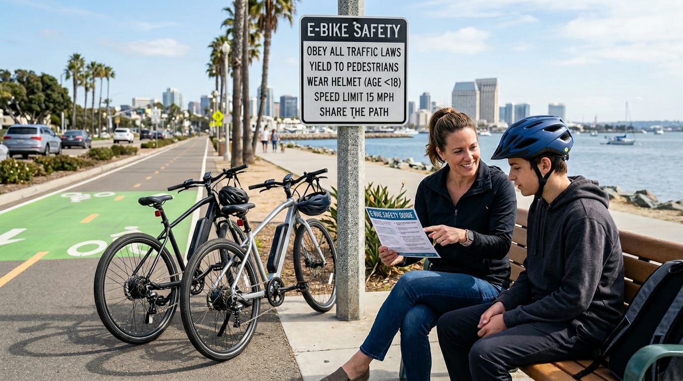 Parent and teen discussing San Diego e-bike safety rules after new 2026 concerns