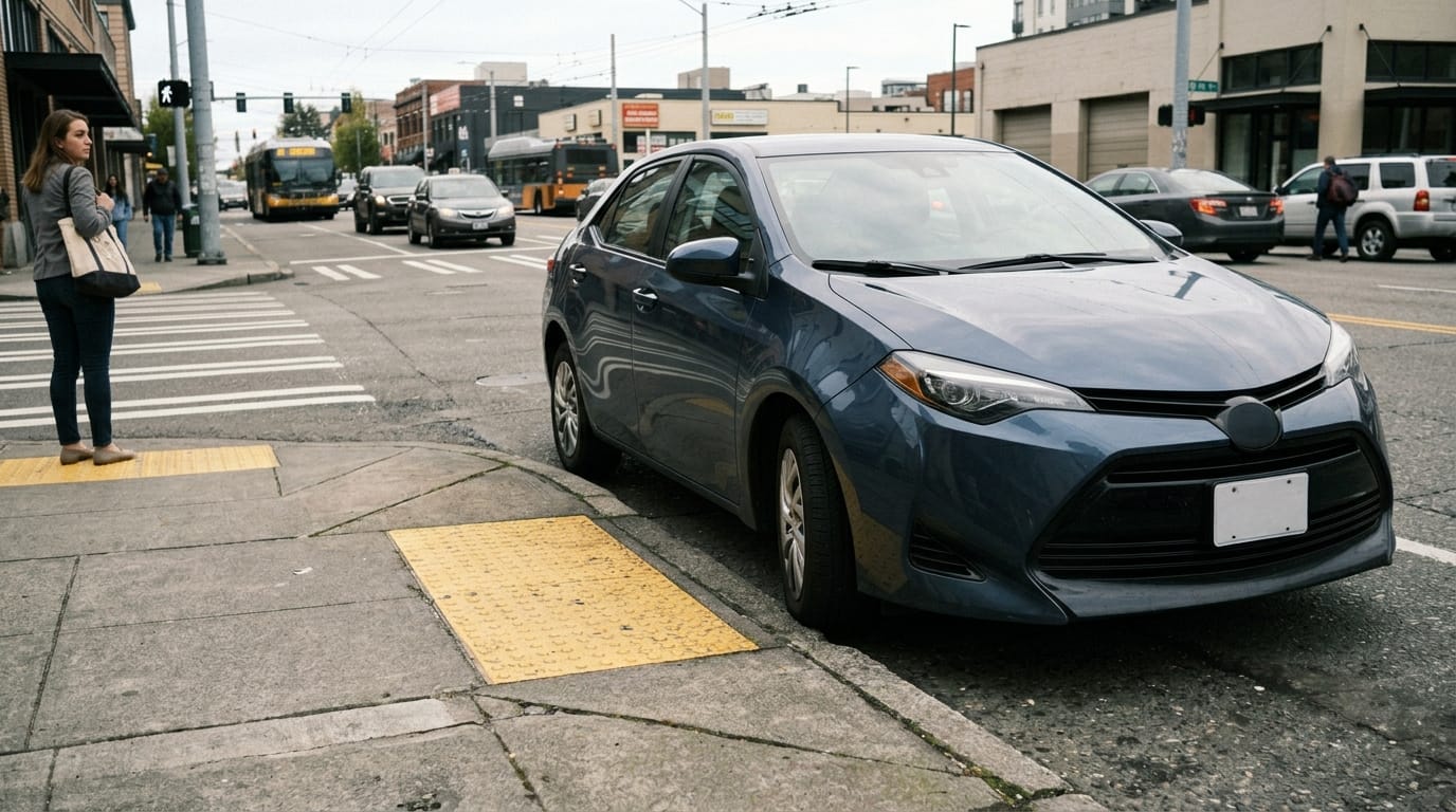 Parked car blocking crosswalk visibility in a potential San Diego daylighting law accident claim