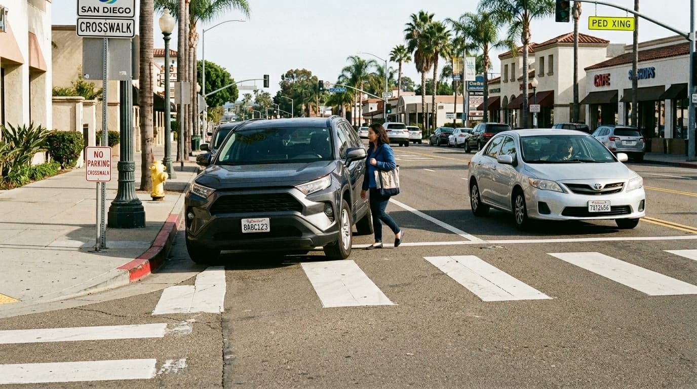 Parked vehicle blocking crosswalk visibility before a daylighting crosswalk accident