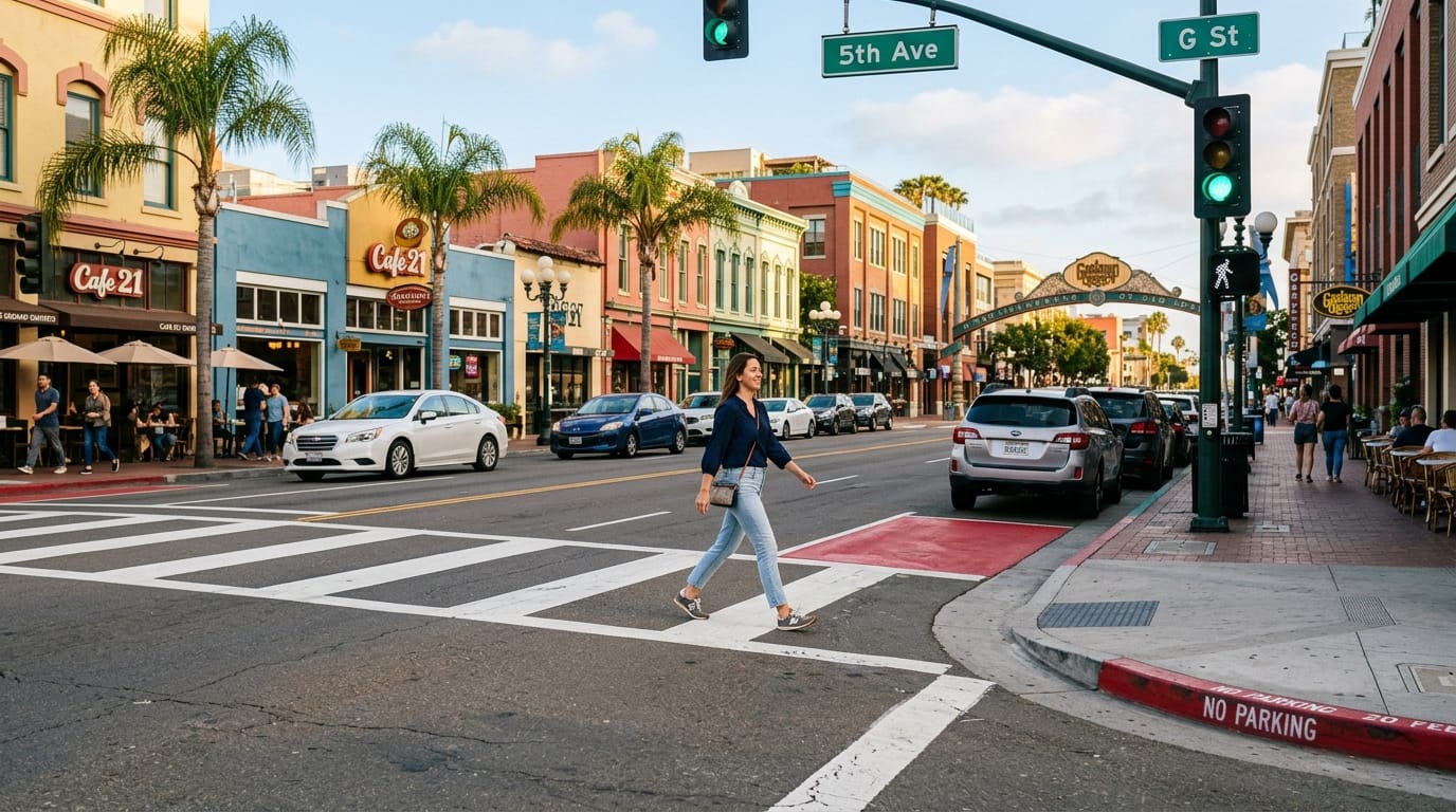 San Diego crosswalk with daylighting zone showing improved visibility for pedestrians and drivers