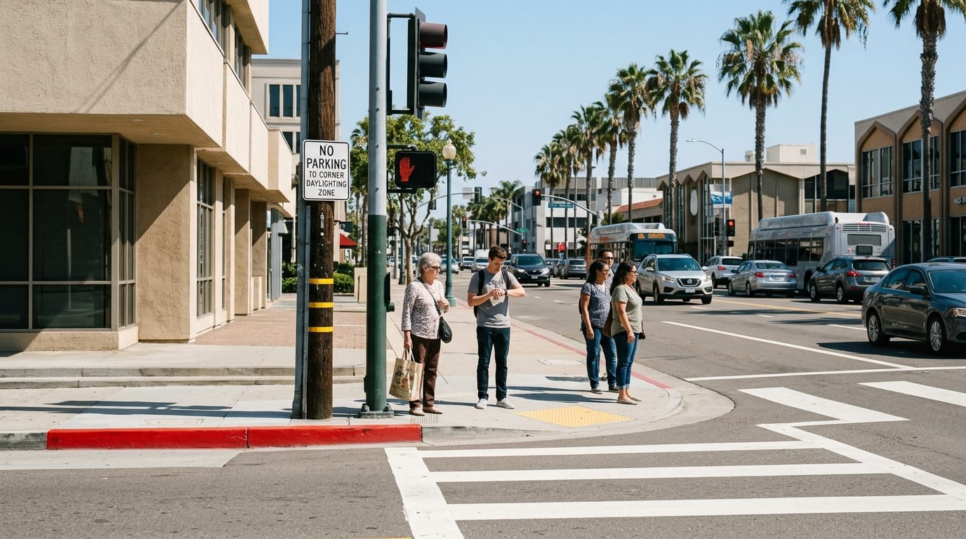 San Diego crosswalk with daylighting zone showing pedestrian accident visibility risks