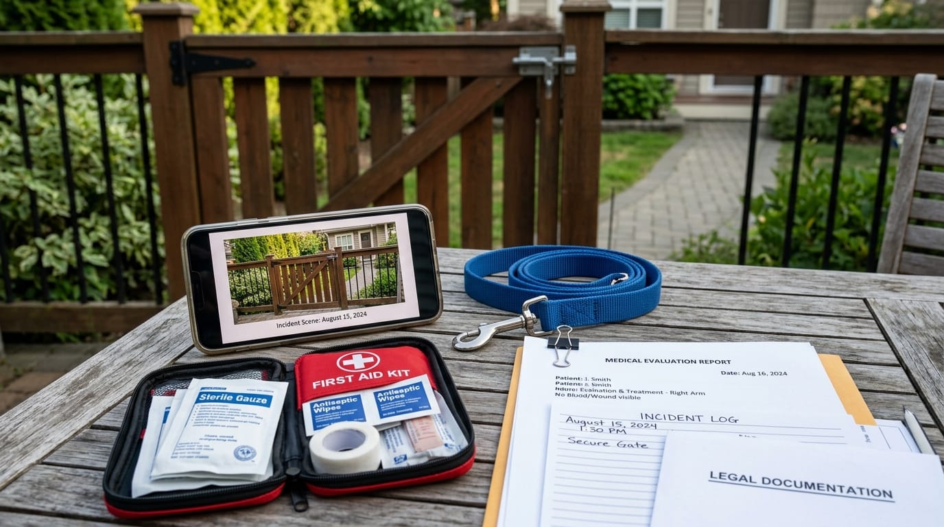 Dog bite injury evidence including photos, medical records, leash, and first aid kit