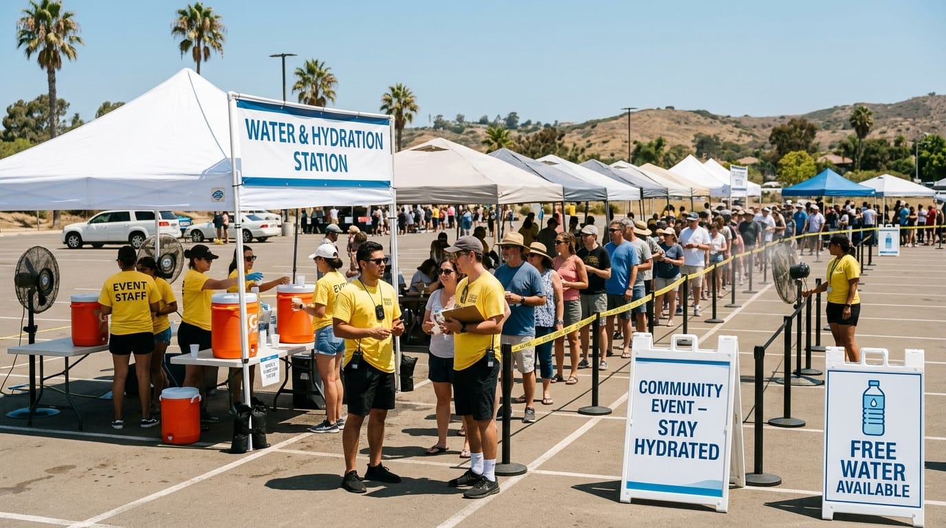 Outdoor San Diego event with shade and water stations for heat illness prevention