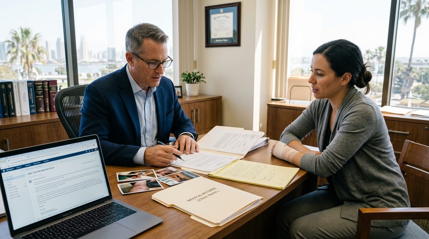 San Diego injury attorney reviewing dog bite claim evidence with a client