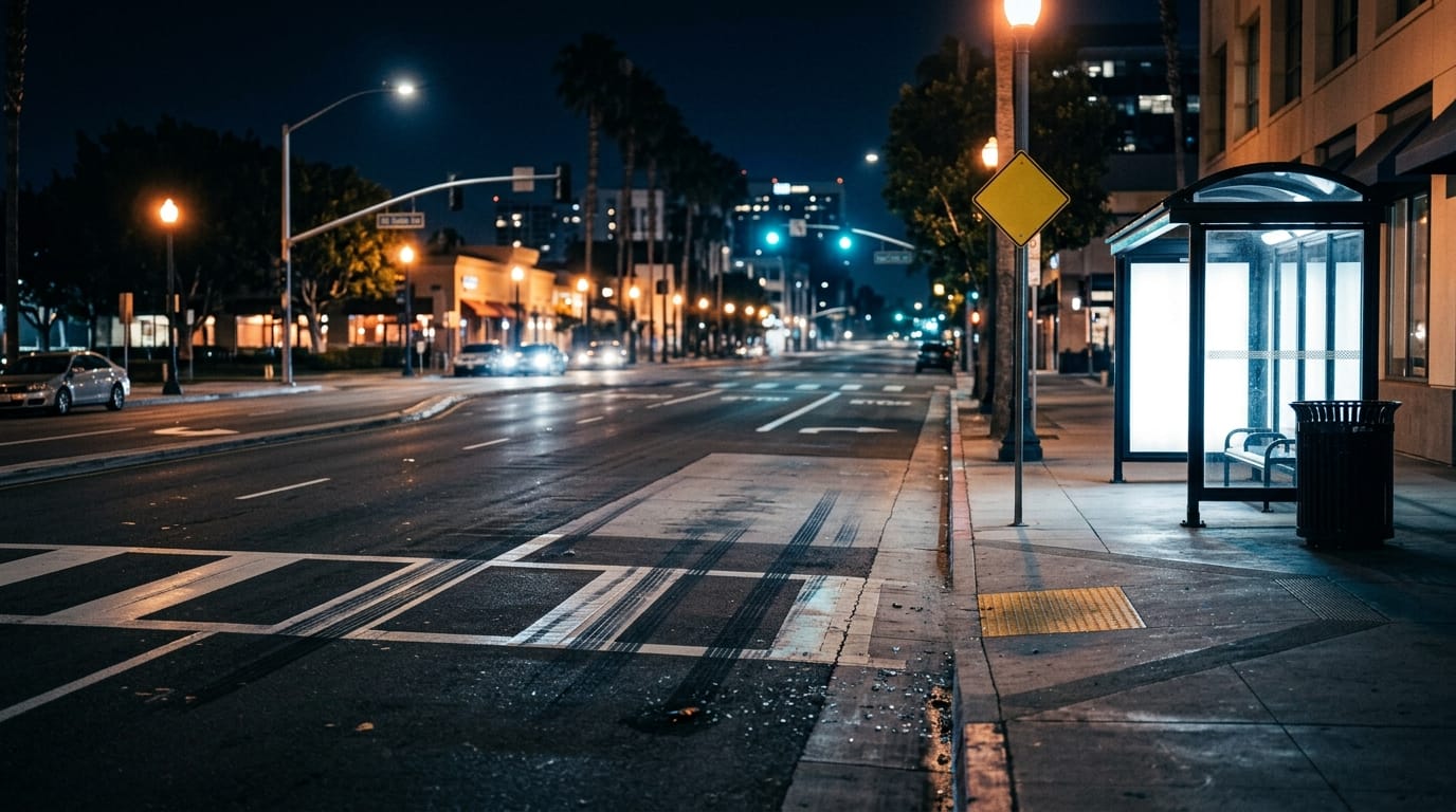 Nighttime San Diego crosswalk and bus stop where pedestrian injury evidence may matter