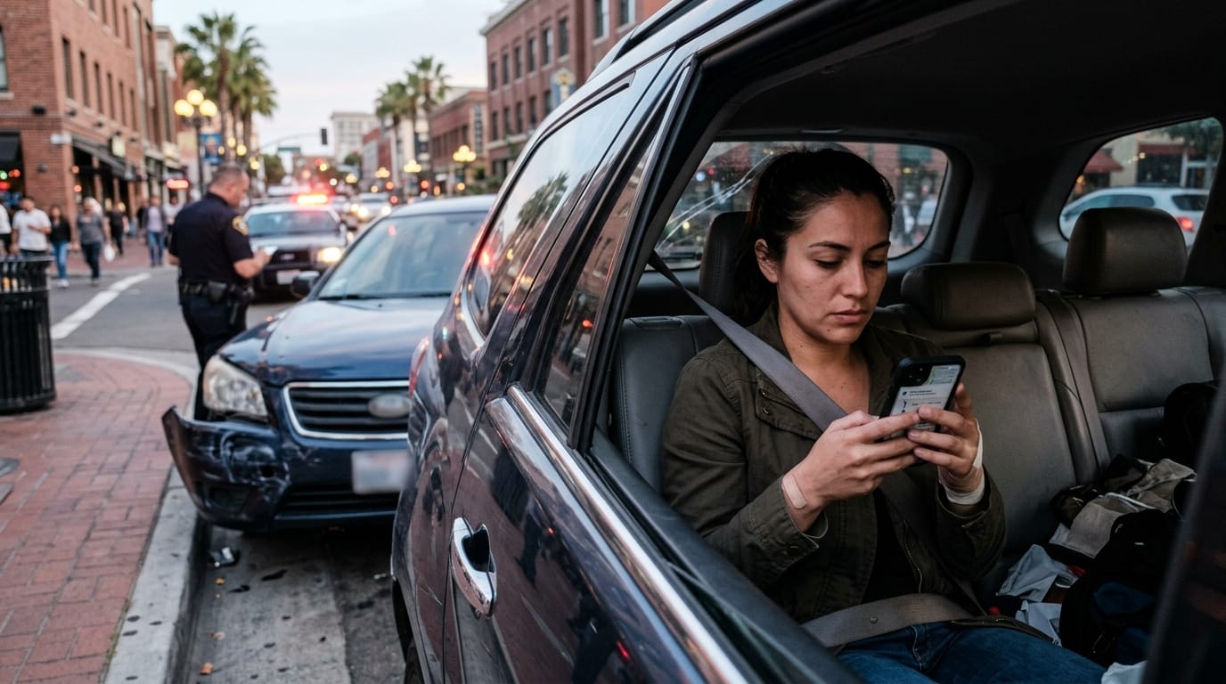 Rideshare passenger preserving app screenshots after a San Diego Uber or Lyft accident