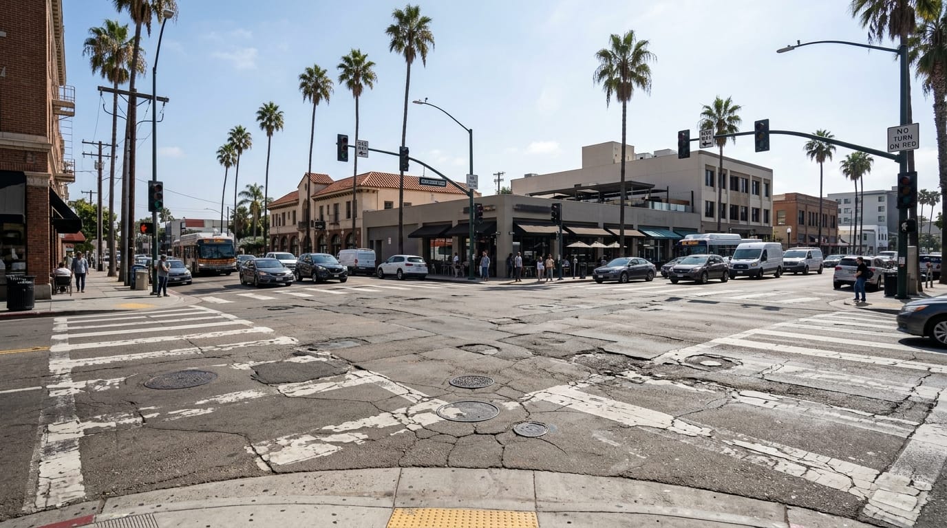 Dangerous road conditions in San Diego involving damaged pavement and traffic hazards