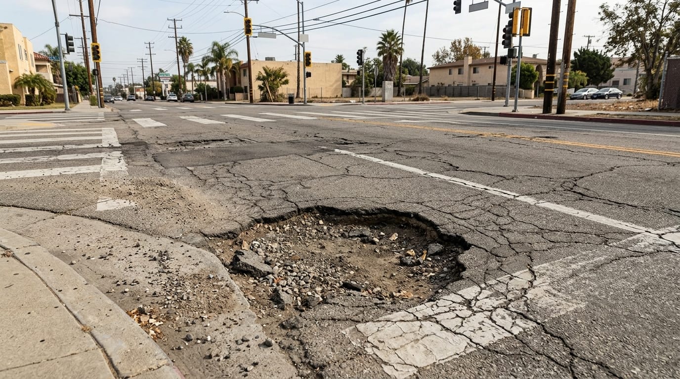 Pothole and uneven pavement illustrating roadway hazards that may contribute to accidents